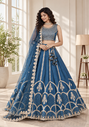 Teal Blue Fentam Silk Zari Sequin Embroidered Lehenga Choli