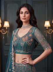 Teal Blue Net Bead Zari Sequin Lehenga Choli