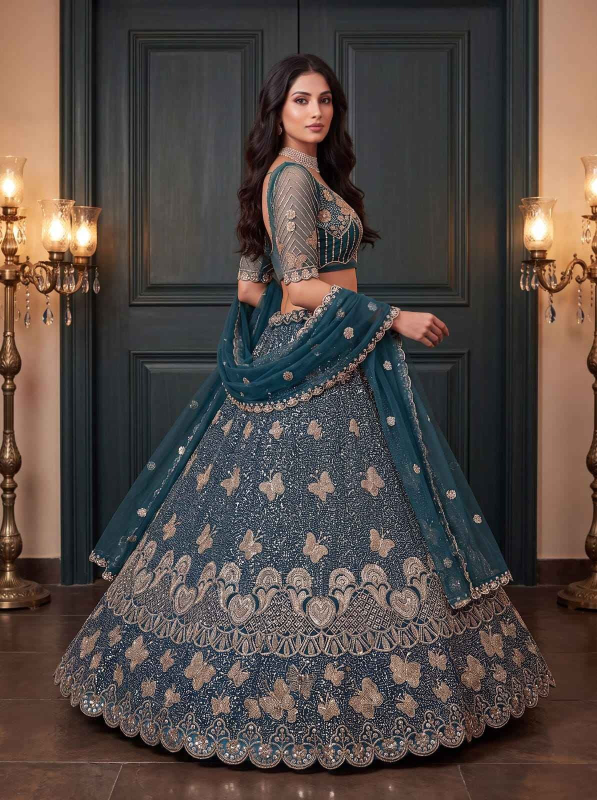 Teal Blue Net Bead Zari Sequin Lehenga Choli