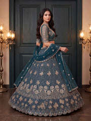 Teal Blue Net Bead Zari Sequin Lehenga Choli