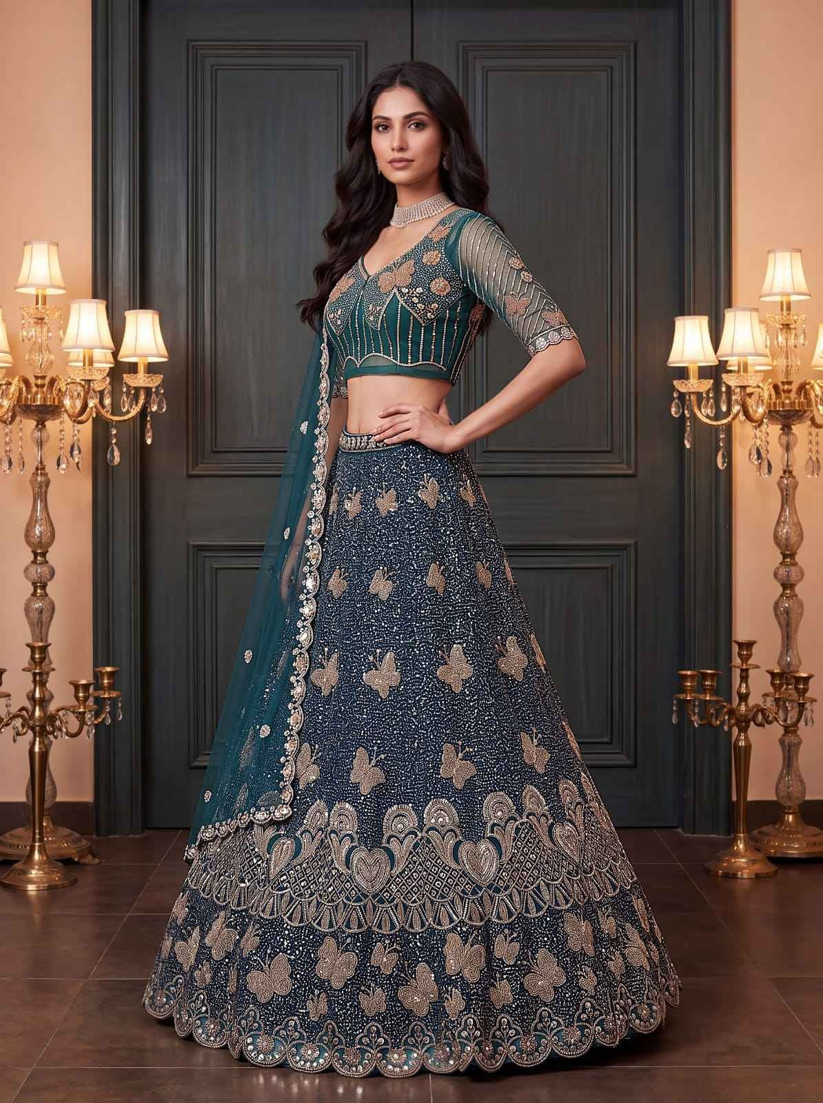 Teal Blue Net Bead Zari Sequin Lehenga Choli