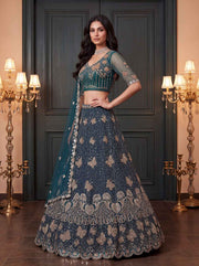 Teal Blue Net Bead Zari Sequin Lehenga Choli