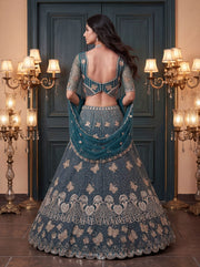 Teal Blue Net Bead Zari Sequin Lehenga Choli