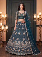 Teal Blue Net Bead Zari Sequin Lehenga Choli