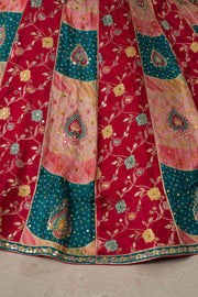 Teal Blue Red Chinon Silk Embroidered Lehenga Choli