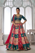 Teal Blue Red Chinon Silk Embroidered Lehenga Choli