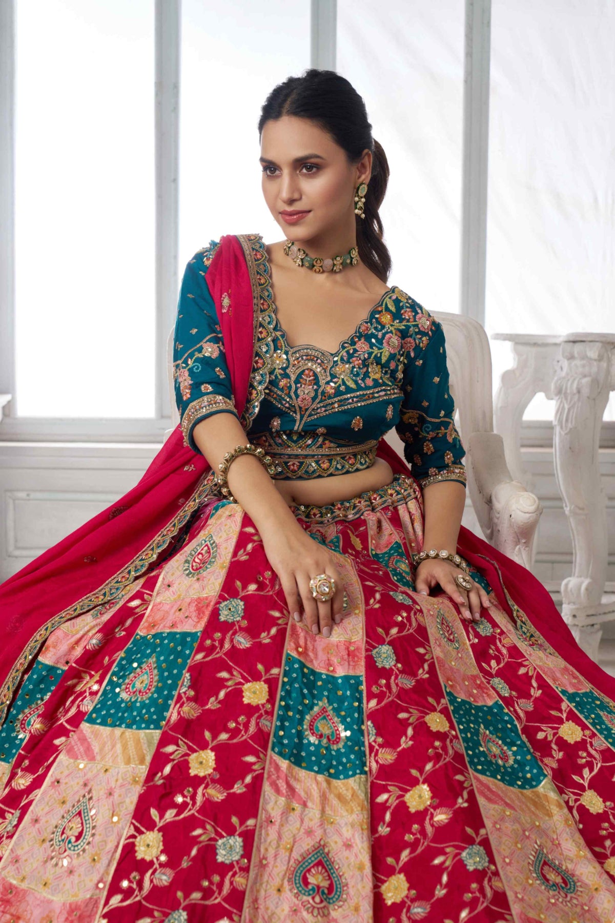 Teal Blue Red Chinon Silk Embroidered Lehenga Choli