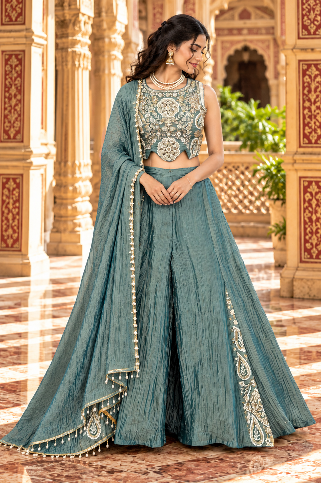 Teal Blue Salsa Silk Bead & Sequin Sharara Set
