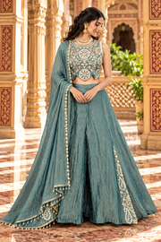 Teal Blue Salsa Silk Bead & Sequin Sharara Set