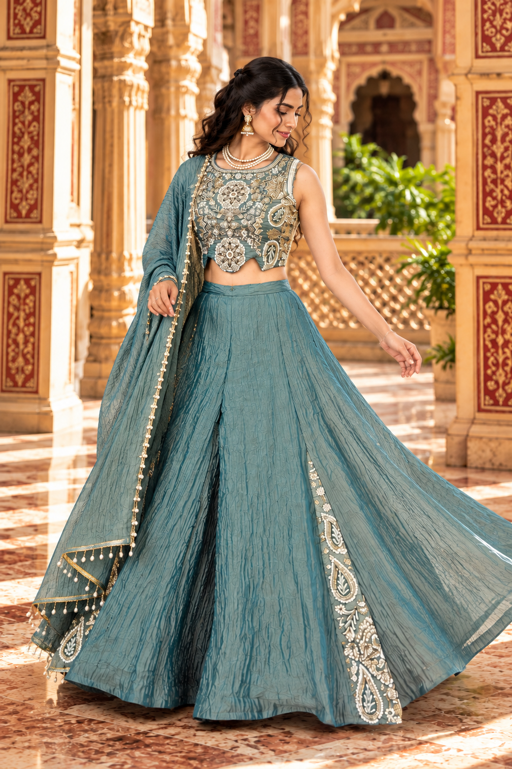 Teal Blue Salsa Silk Bead & Sequin Sharara Set