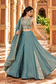Teal Blue Salsa Silk Bead & Sequin Sharara Set