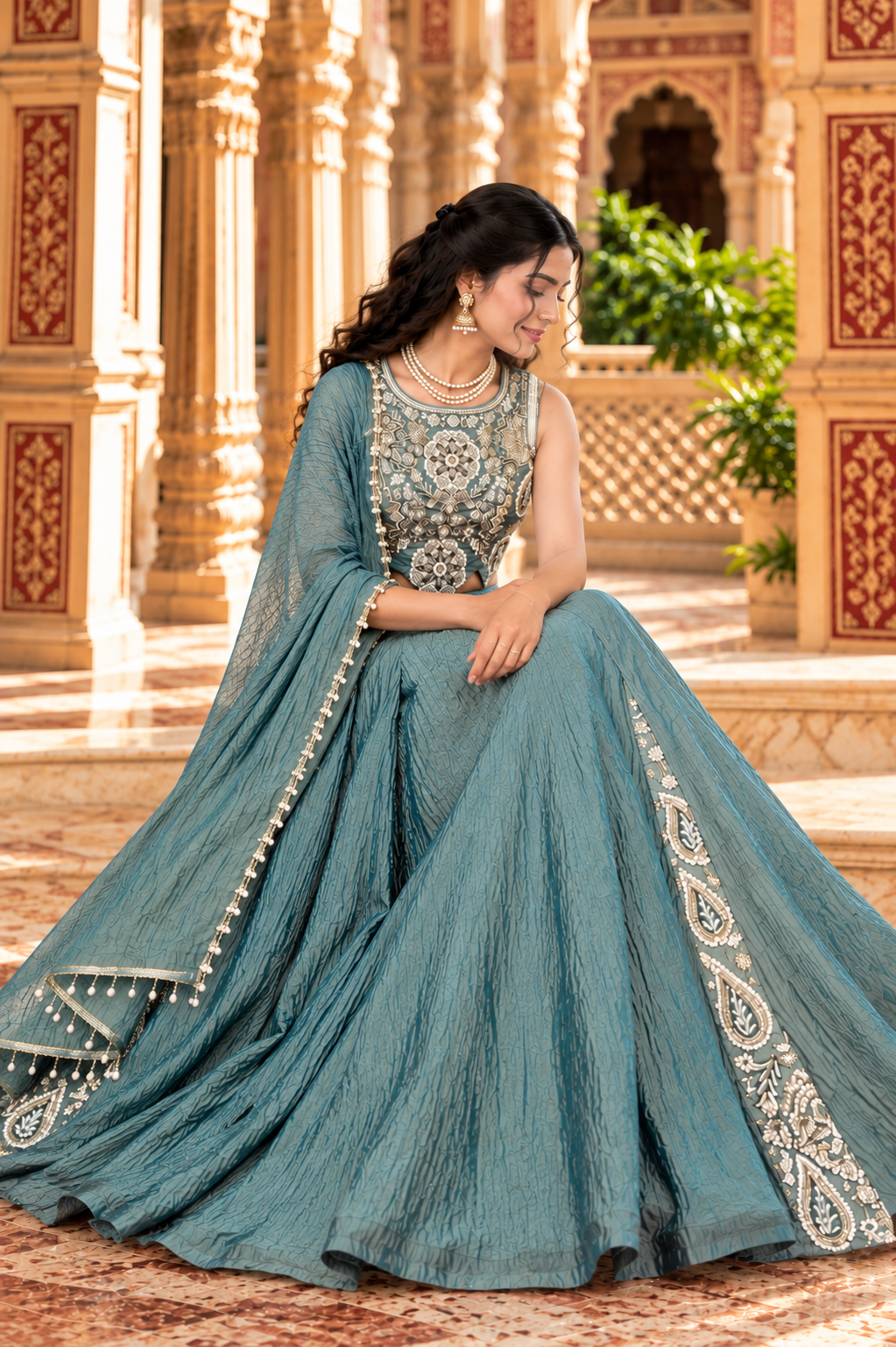 Teal Blue Salsa Silk Bead & Sequin Sharara Set