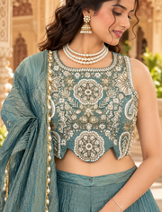 Teal Blue Salsa Silk Bead & Sequin Sharara Set