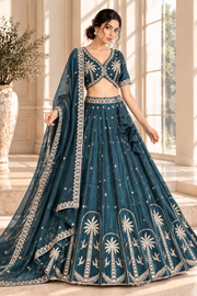 Teal Crush Silk Bead & Sequin Embroidered Lehenga Choli