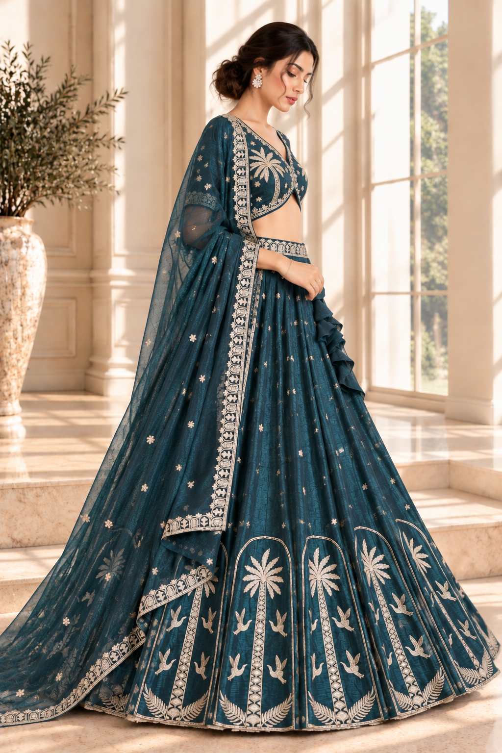 Teal Crush Silk Bead & Sequin Embroidered Lehenga Choli