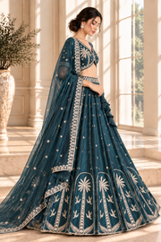 Teal Crush Silk Bead & Sequin Embroidered Lehenga Choli