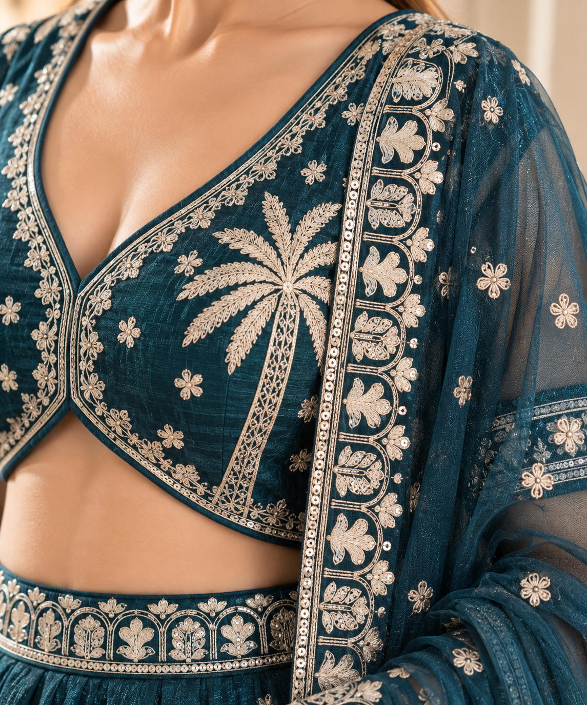 Teal Crush Silk Bead & Sequin Embroidered Lehenga Choli