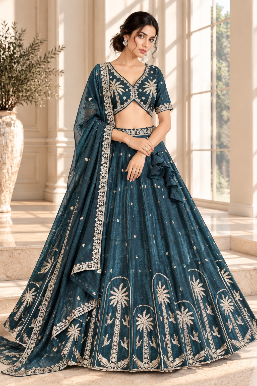 Teal Crush Silk Bead & Sequin Embroidered Lehenga Choli