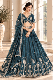 Teal Crush Silk Bead & Sequin Embroidered Lehenga Choli