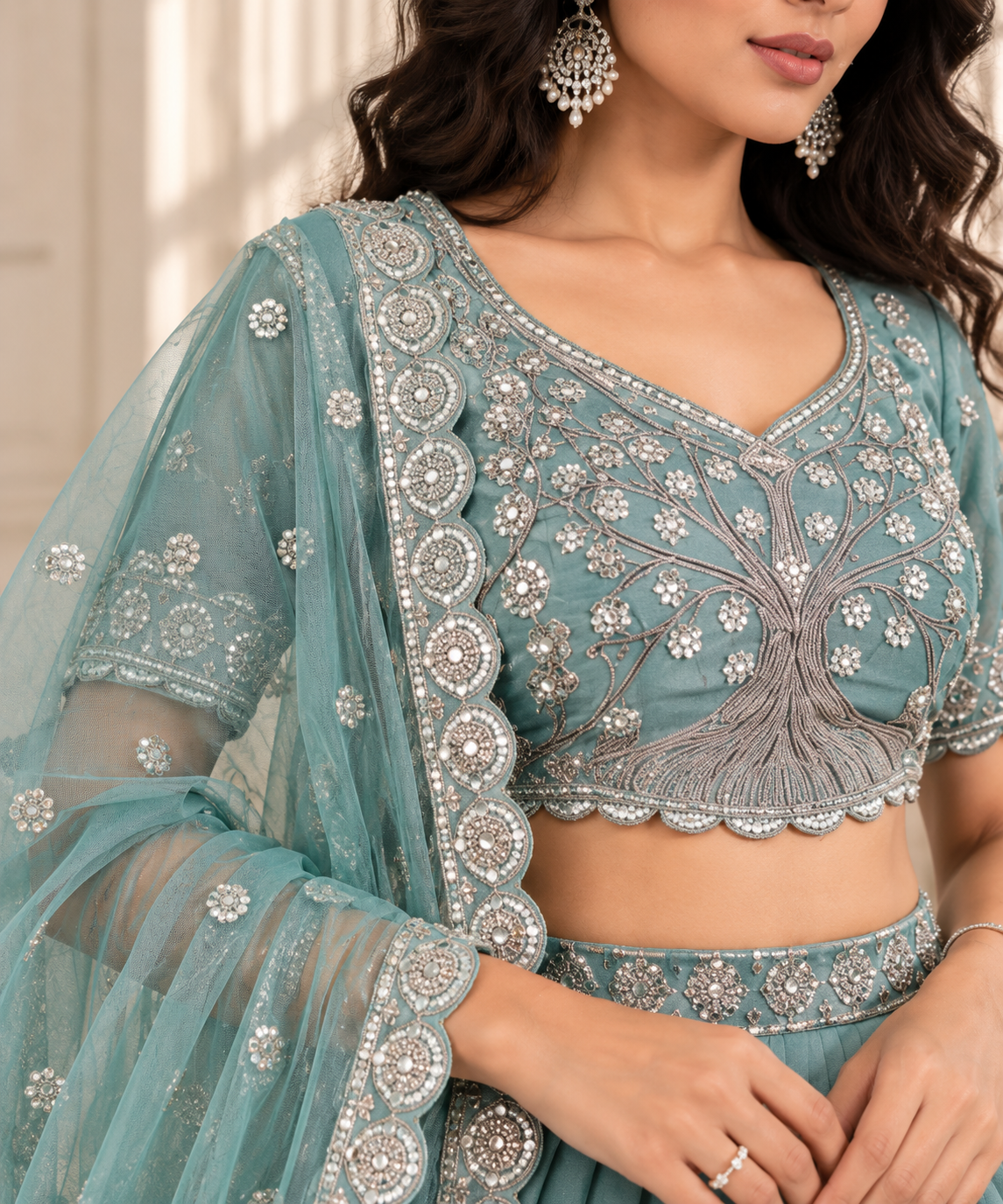 Teal Silk Lehenga Choli with Tree of Life Embroidery