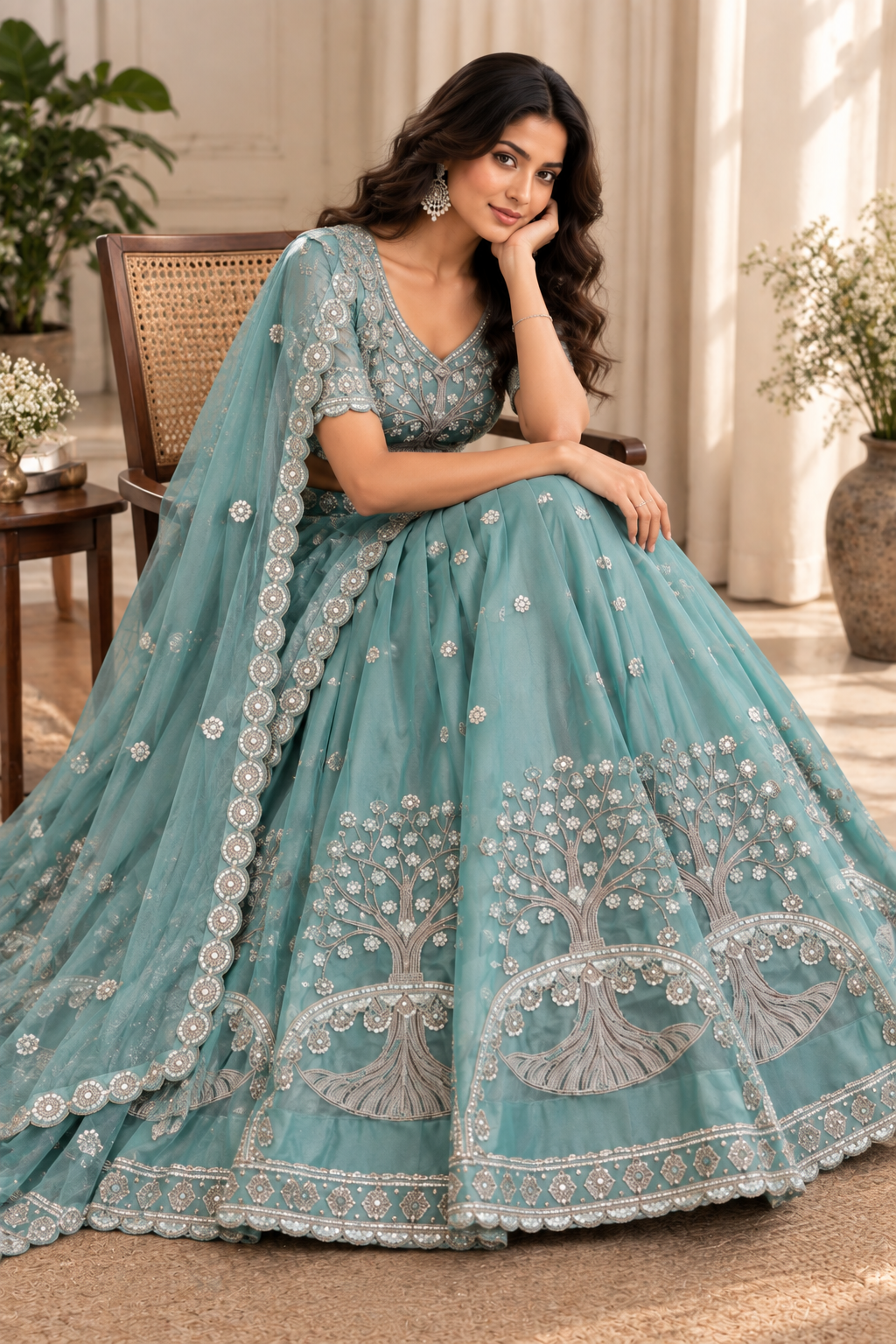 Teal Silk Lehenga Choli with Tree of Life Embroidery
