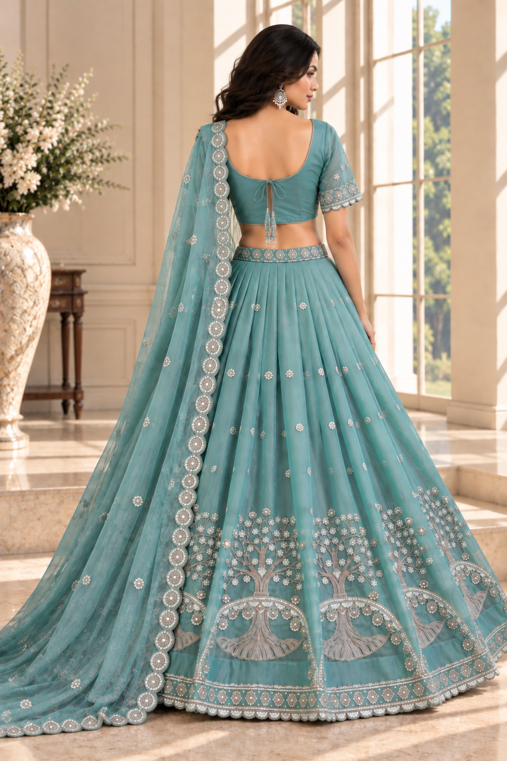 Teal Silk Lehenga Choli with Tree of Life Embroidery
