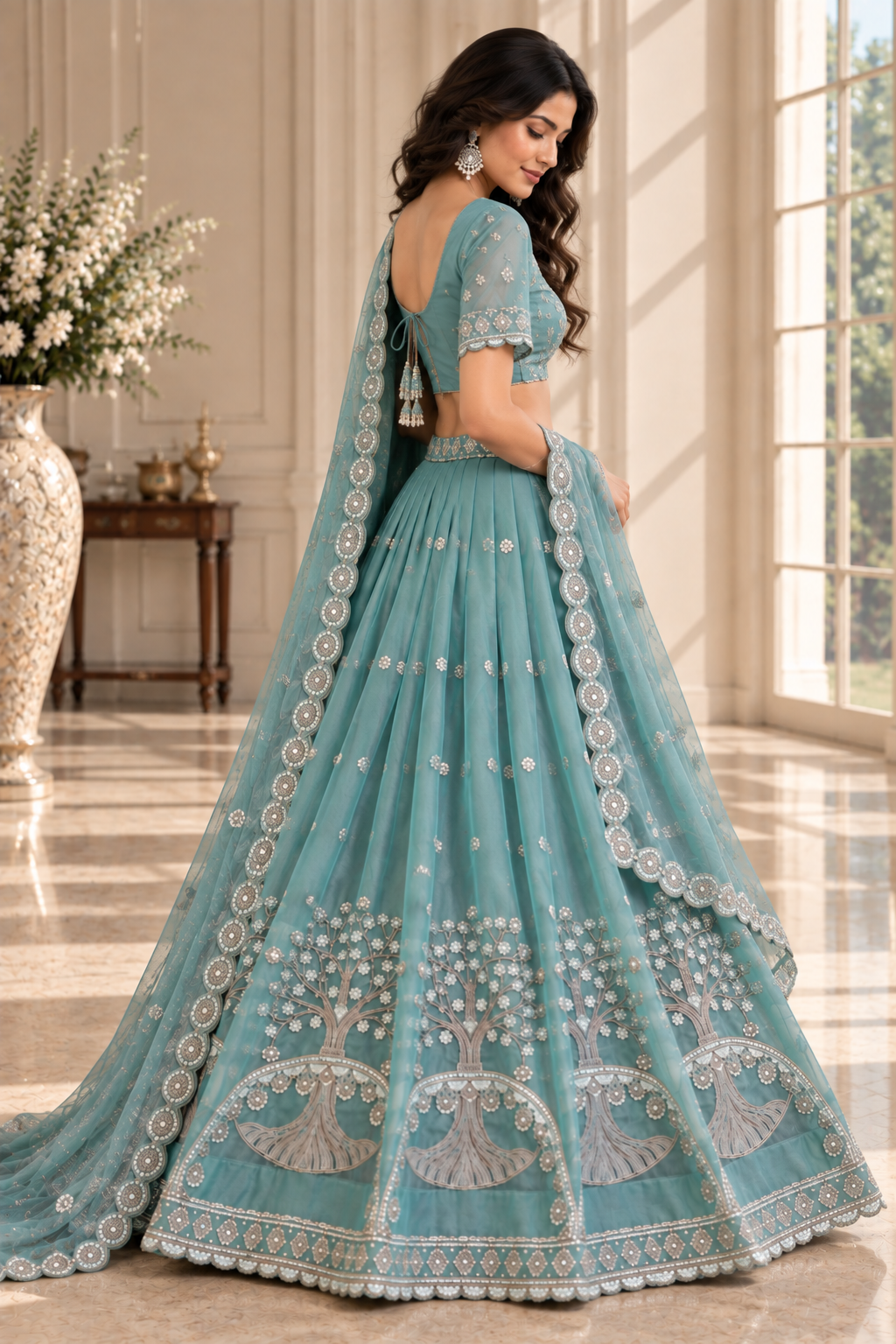 Teal Silk Lehenga Choli with Tree of Life Embroidery
