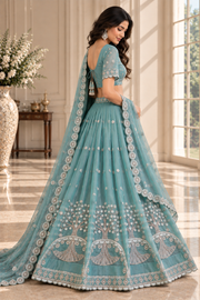 Teal Silk Lehenga Choli with Tree of Life Embroidery