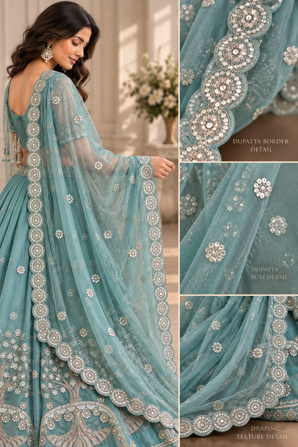 Teal Silk Lehenga Choli with Tree of Life Embroidery