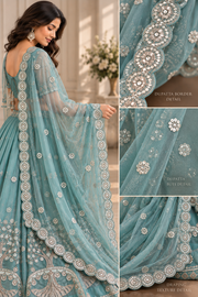 Teal Silk Lehenga Choli with Tree of Life Embroidery
