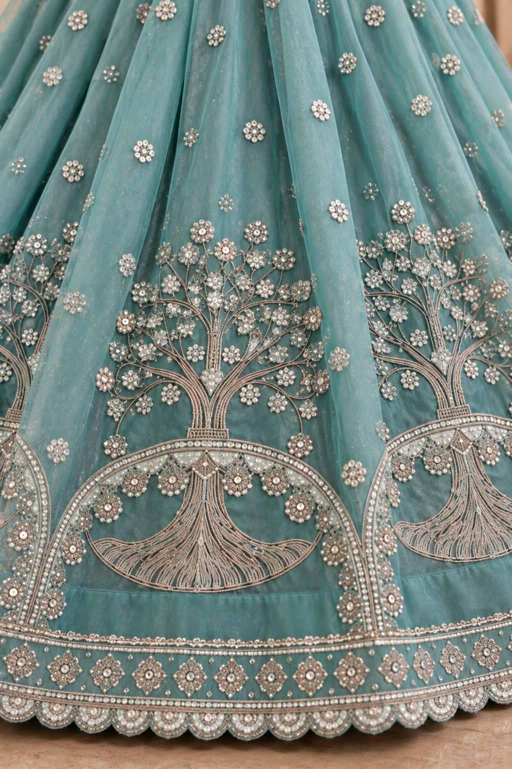 Teal Silk Lehenga Choli with Tree of Life Embroidery