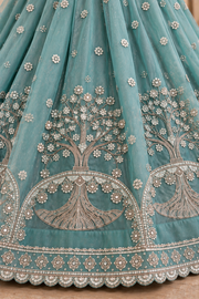 Teal Silk Lehenga Choli with Tree of Life Embroidery