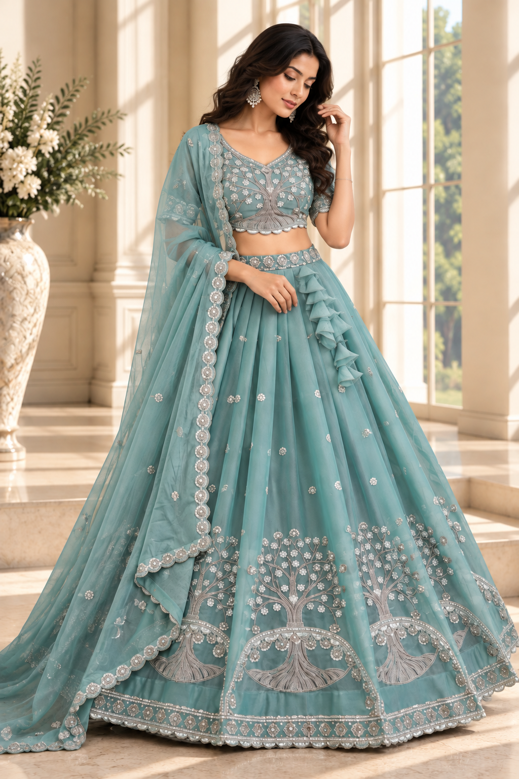 Teal Silk Lehenga Choli with Tree of Life Embroidery