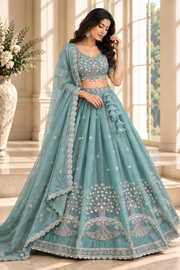 Teal Silk Lehenga Choli with Tree of Life Embroidery