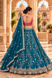 Teal & Pink Multicolor Embroidered Lehenga Set