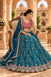 Teal & Pink Multicolor Embroidered Lehenga Set