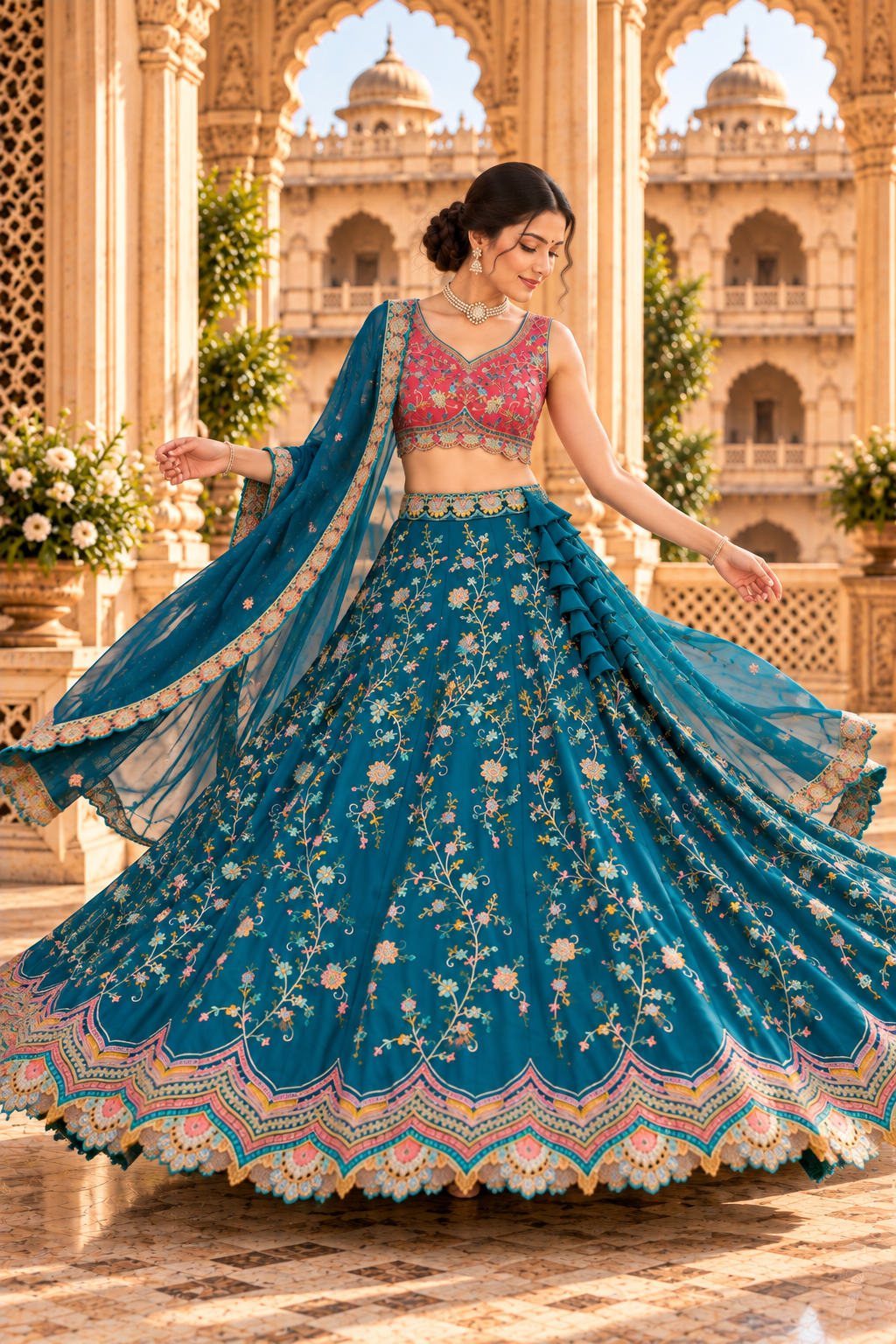 Teal & Pink Multicolor Embroidered Lehenga Set