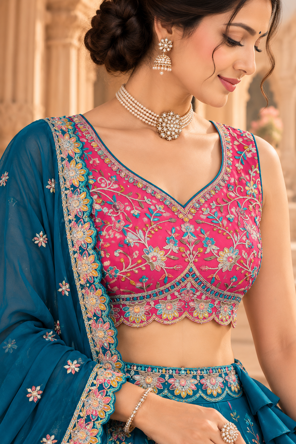 Teal & Pink Multicolor Embroidered Lehenga Set