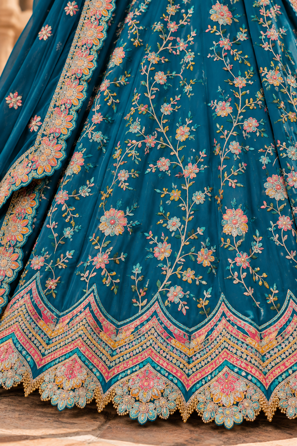 Teal & Pink Multicolor Embroidered Lehenga Set