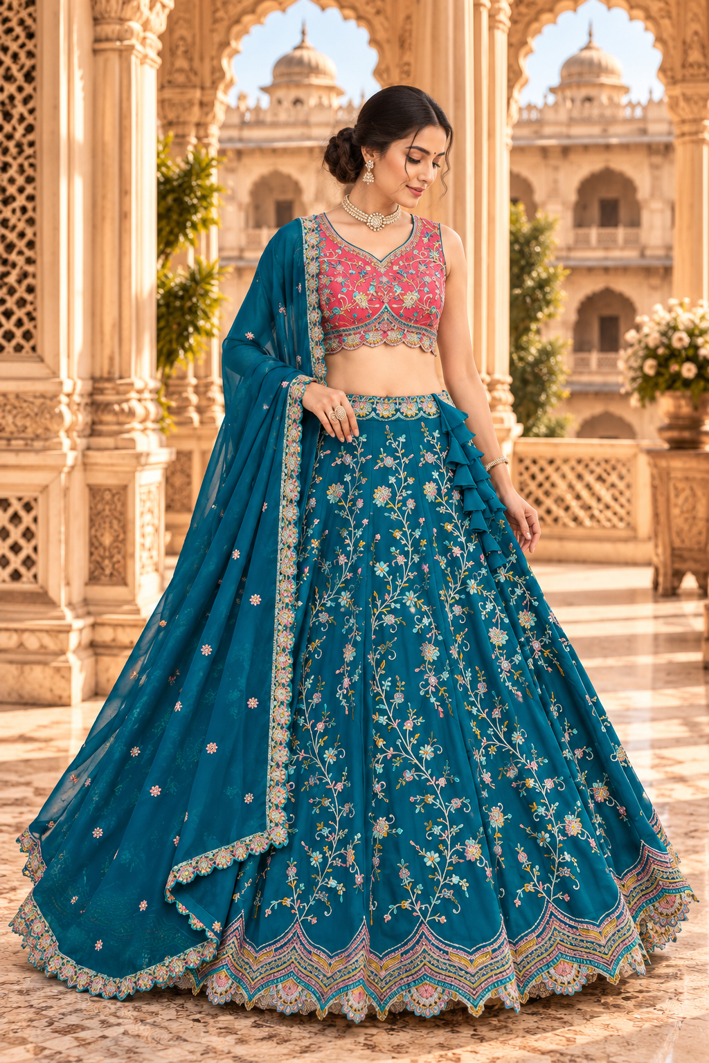 Teal & Pink Multicolor Embroidered Lehenga Set