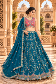 Teal & Pink Multicolor Embroidered Lehenga Set