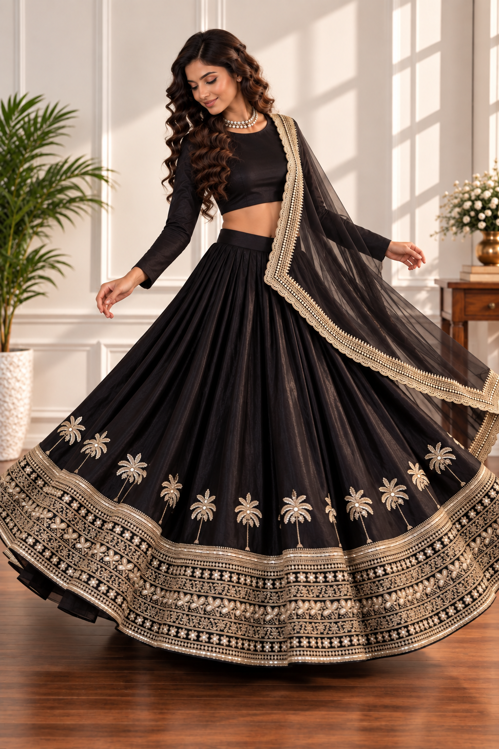 Tropical Elegance Black Silk Lehenga Set with Dori & Zari Work