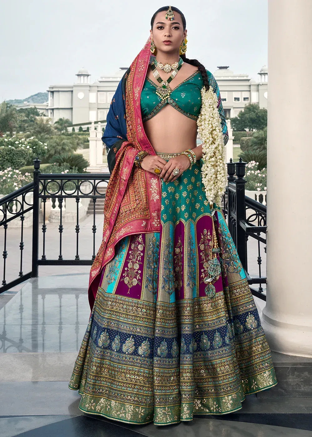 Teal Blue & Purple Banarasi Silk Lehenga Choli with Rich Zari Weaving