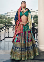 Teal Blue & Purple Banarasi Silk Lehenga Choli with Rich Zari Weaving