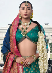 Teal Blue & Purple Banarasi Silk Lehenga Choli with Rich Zari Weaving