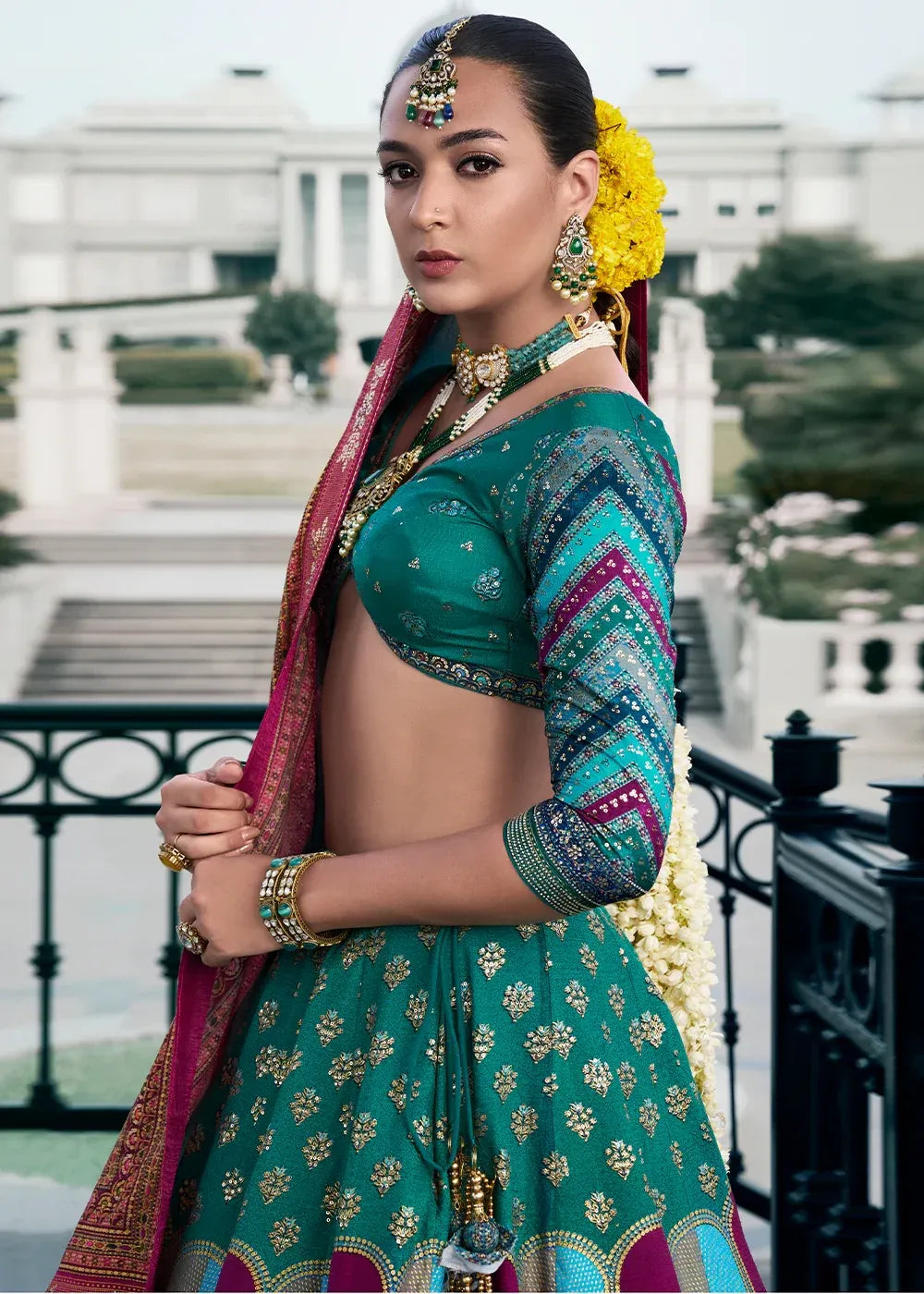 Teal Blue & Purple Banarasi Silk Lehenga Choli with Rich Zari Weaving