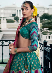 Teal Blue & Purple Banarasi Silk Lehenga Choli with Rich Zari Weaving