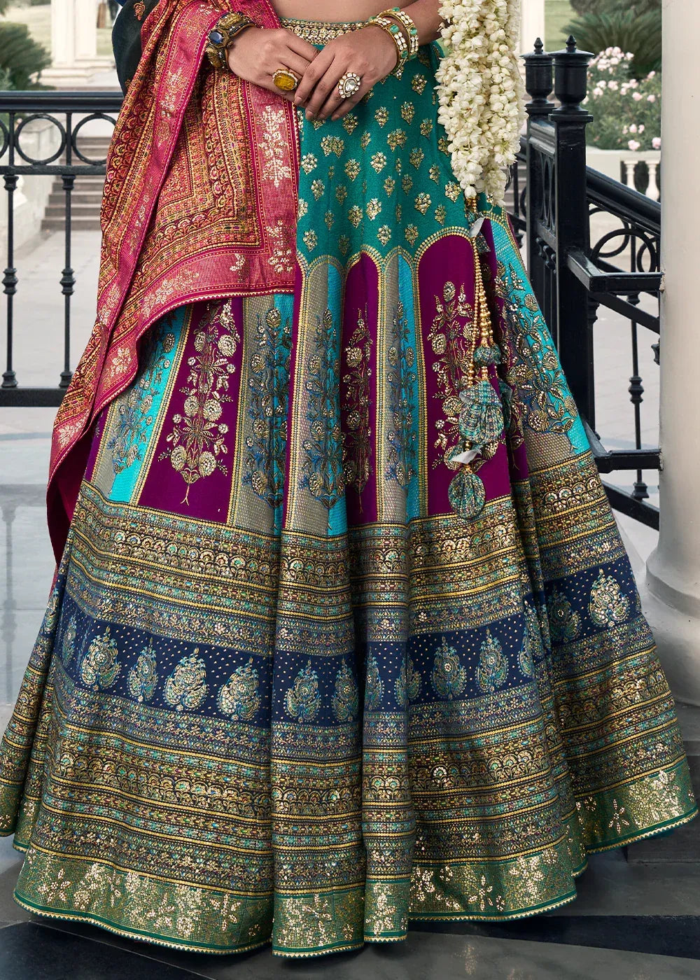 Teal Blue & Purple Banarasi Silk Lehenga Choli with Rich Zari Weaving