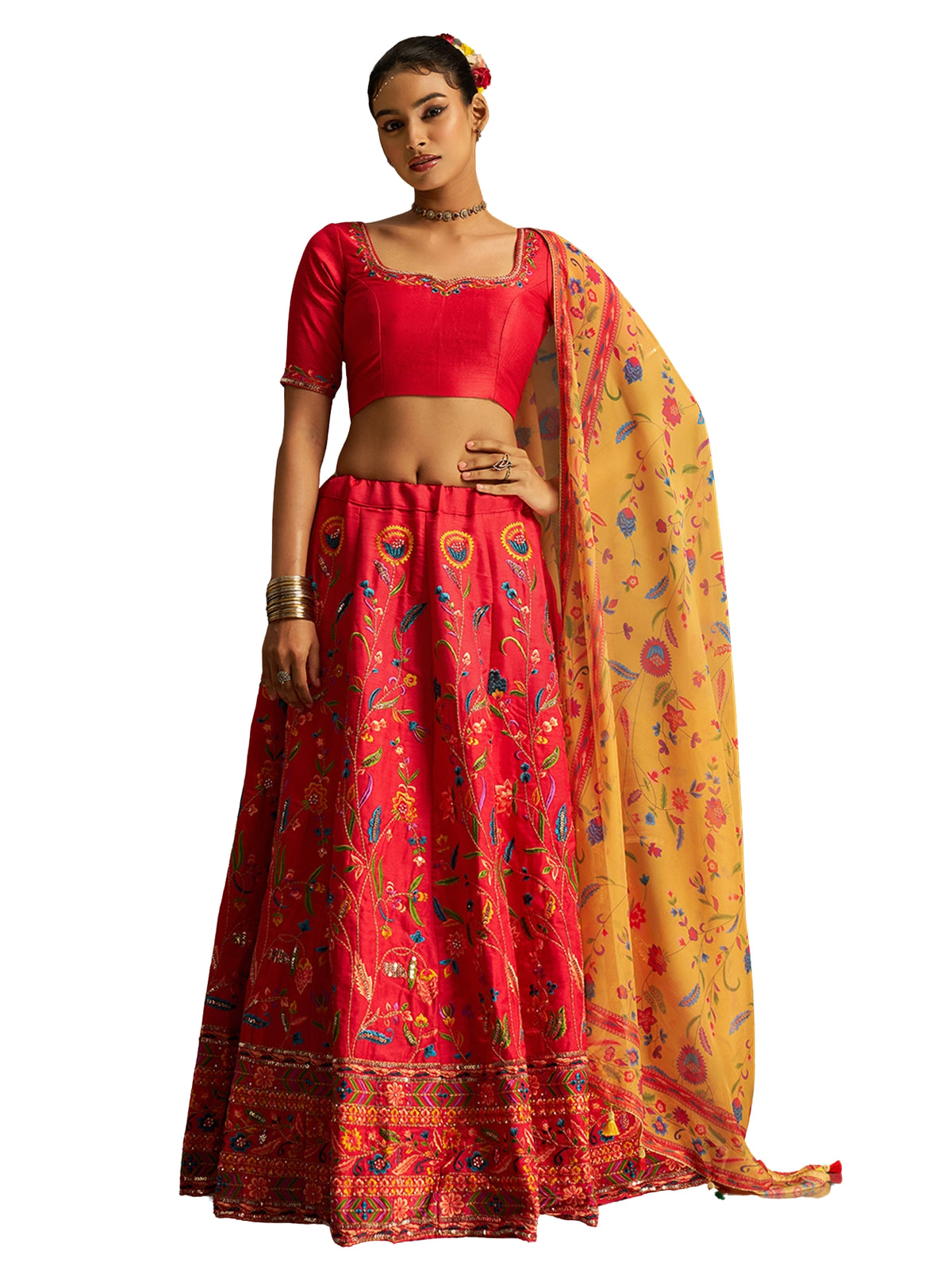 Red Embroidered Lehenga Choli with Mustard Printed Dupatta