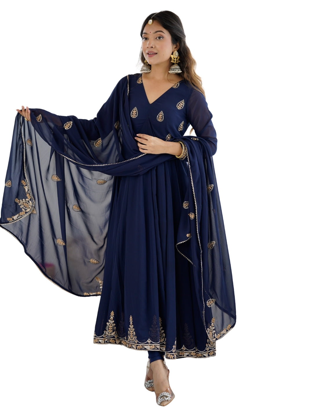 Navy Blue Anarkali Suit with Golden Embroidered Border and Dupatta